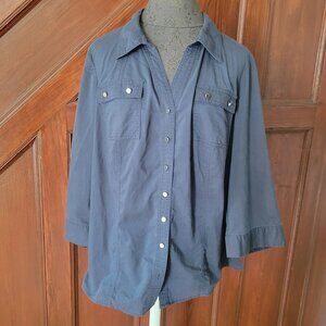 CJ Banks Womens Navy Button-Down Shirt With Snap Pockets & 3/4 Sleeves Size